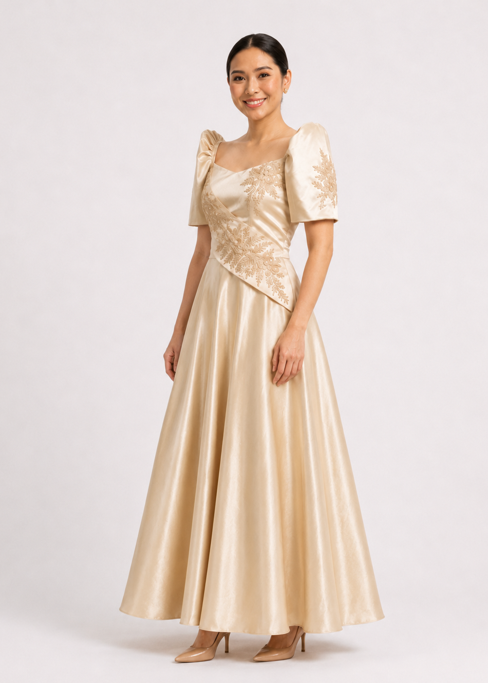 Liwayway Filipiniana Maxi Dress in Satin - Casa Barong Filipiniana